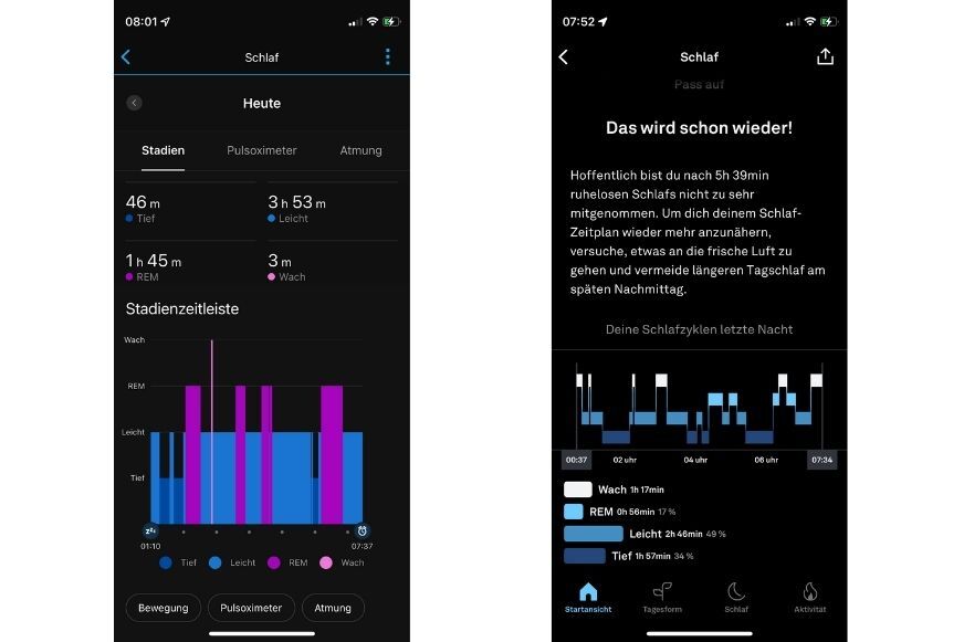Показатели сна на Garmin vivoactive 4 и Oura Ring в сравнении.